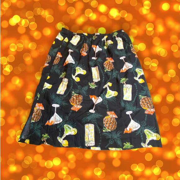 Line Two Vintage Rayon Cocktail Print Black Green Orange Mini Skirt Size L - Picture 1 of 5
